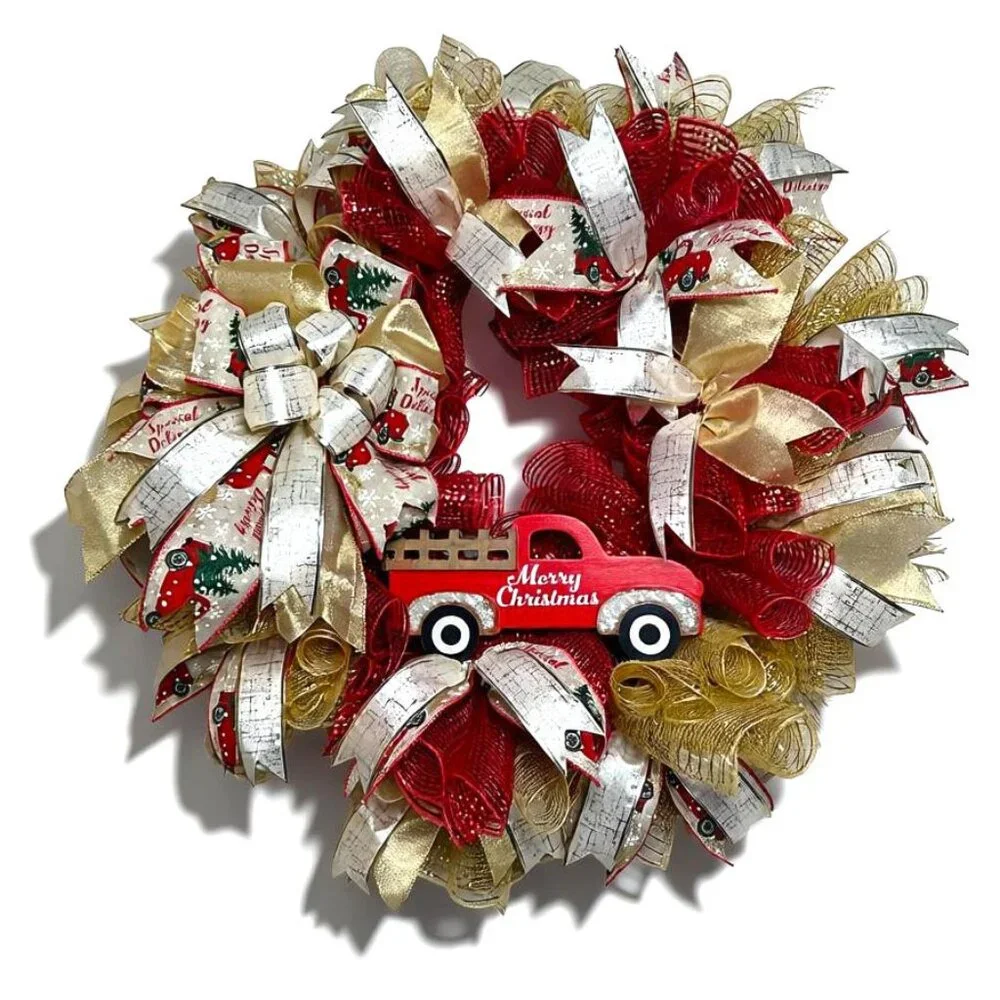 Handcrafted Deco Mesh Wreath with Red 